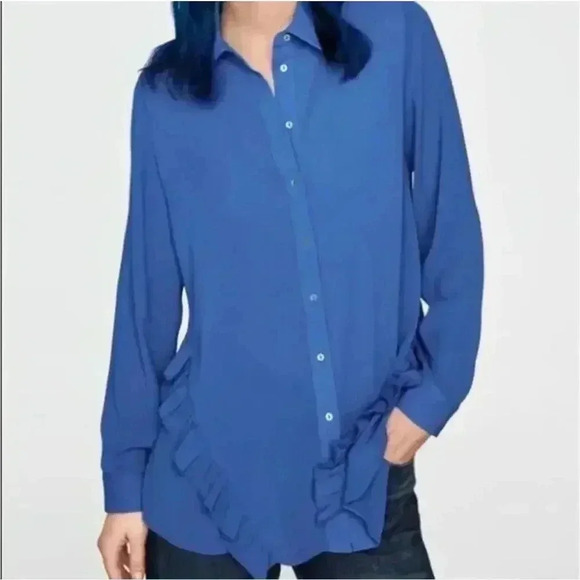 NWT Zara Basic Blue Mesh Ruffled Long Sleeve Button-Down Shirt Size XS - Picture 1 of 6